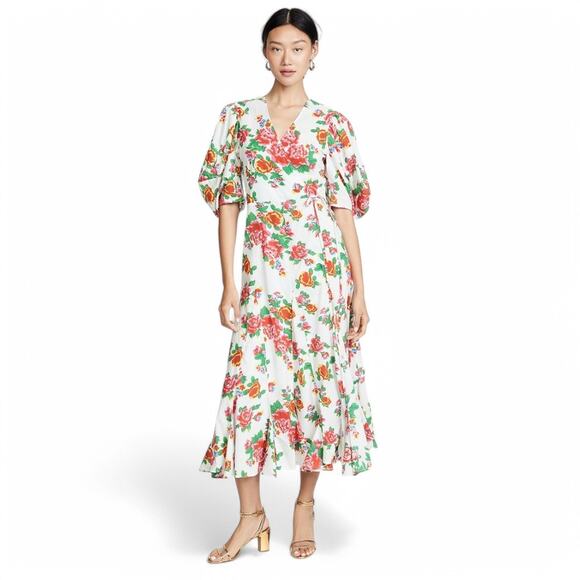 RHODE Dresses & Skirts - NWT Rhode Fiona Wrap Dress Floral Print Puff Sleeve Cotton Midi Boho Size XS